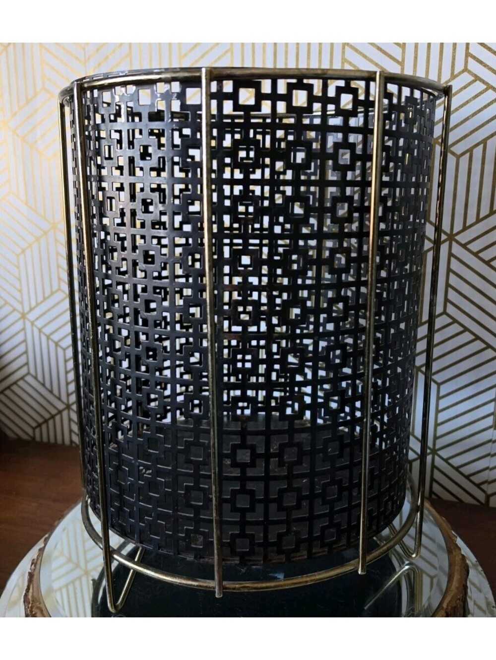 Vintage MCM Perforated Metal Wastebasket Black Gold Trash Can Matégot Style 2 Pc